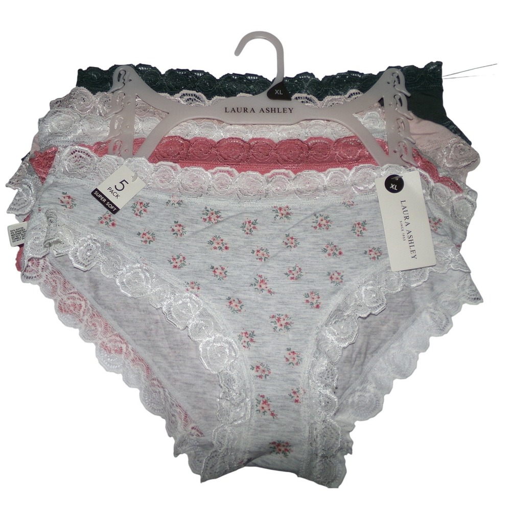 Laura Ashley 5 Pack Womens Bikini Panties Lace Trim Floral Solid Multi Color XL